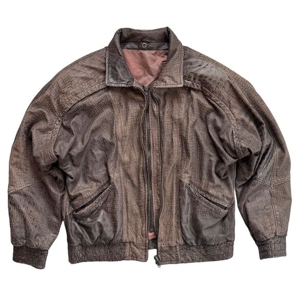 Vintage Animal Print Leather Bomber Jacket Dbl Zip Relaxed For Shoulder Padded - Picture 1 of 9